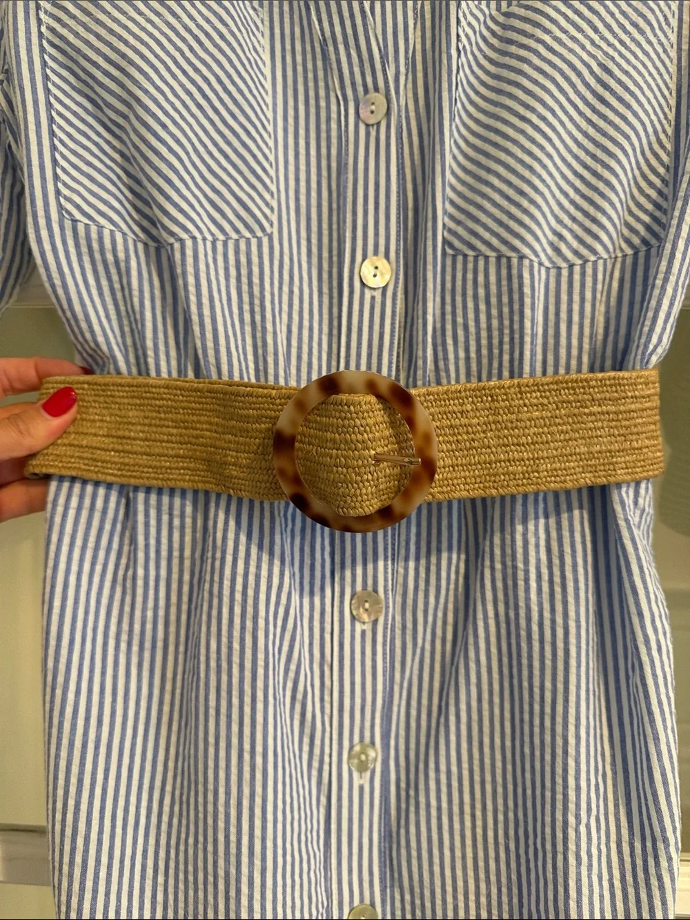 Zara Striped Button-Front Shirt Dress in Light Blue with Belt - Picture 4 of 6